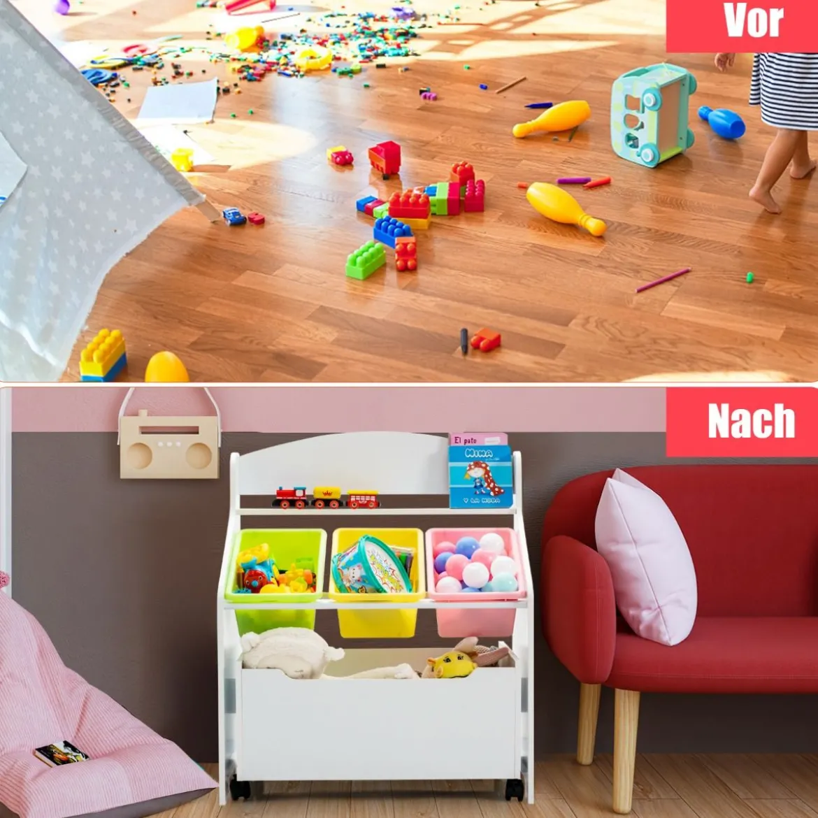SpielzeugregalHölzerner Kinderschrank mit Rollen Bücherregal Spielzeugablage für Kinder Weiß