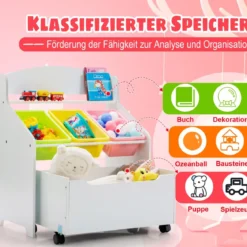 SpielzeugregalHölzerner Kinderschrank mit Rollen Bücherregal Spielzeugablage für Kinder Weiß