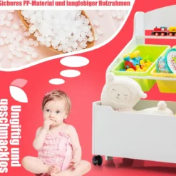 SpielzeugregalHölzerner Kinderschrank mit Rollen Bücherregal Spielzeugablage für Kinder Weiß