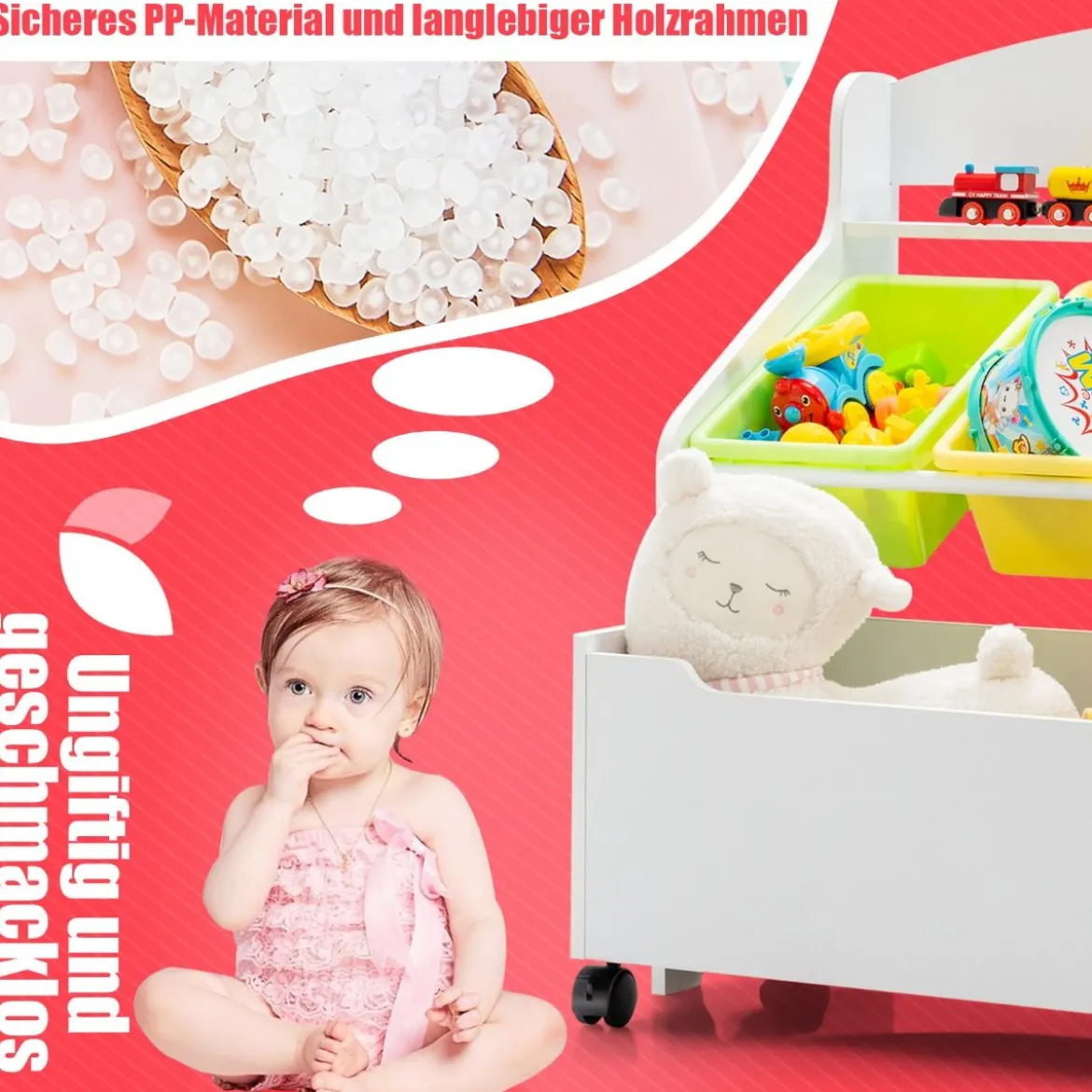 SpielzeugregalHölzerner Kinderschrank mit Rollen Bücherregal Spielzeugablage für Kinder Weiß