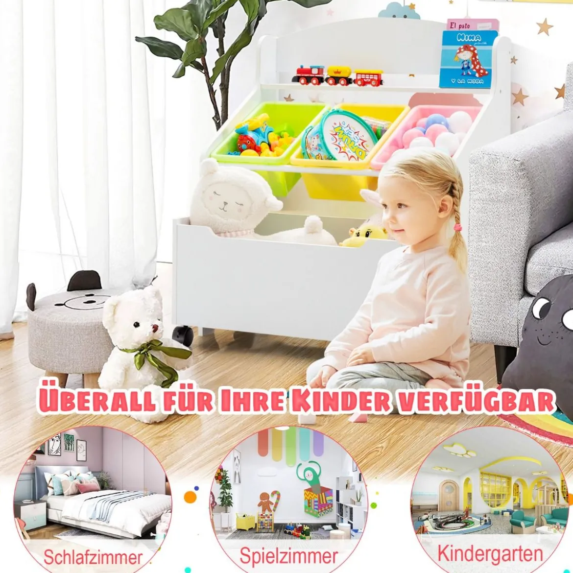 SpielzeugregalHölzerner Kinderschrank mit Rollen Bücherregal Spielzeugablage für Kinder Weiß