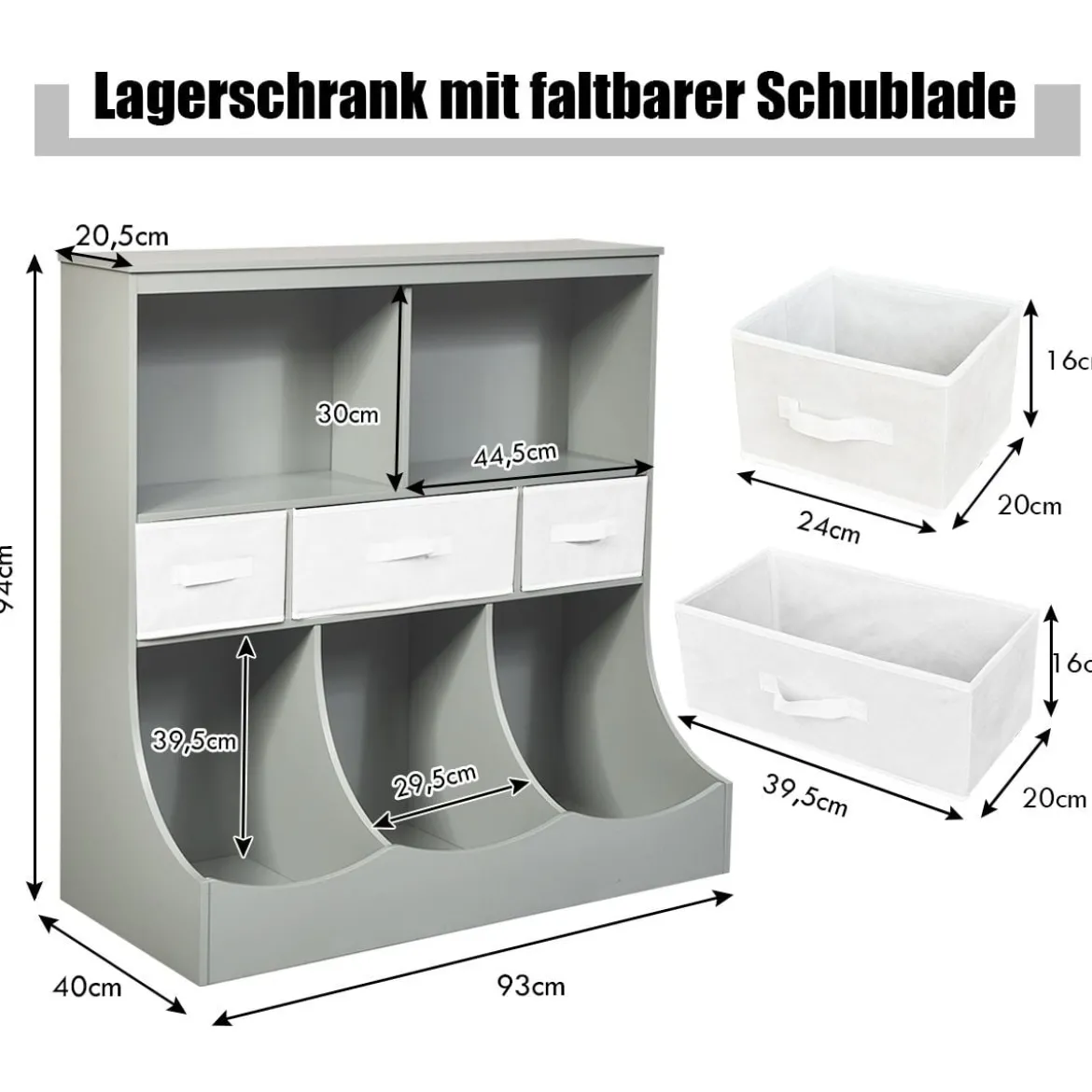 Spielzeugregal mit 5 Fächern & 3 Schubladen Kinderregal Spielzeug Organizer 93 x 40 x 94 cm Grau