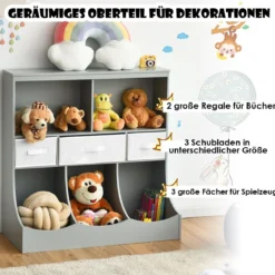 Spielzeugregal mit 5 Fächern & 3 Schubladen Kinderregal Spielzeug Organizer 93 x 40 x 94 cm Grau