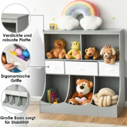 Spielzeugregal mit 5 Fächern & 3 Schubladen Kinderregal Spielzeug Organizer 93 x 40 x 94 cm Grau