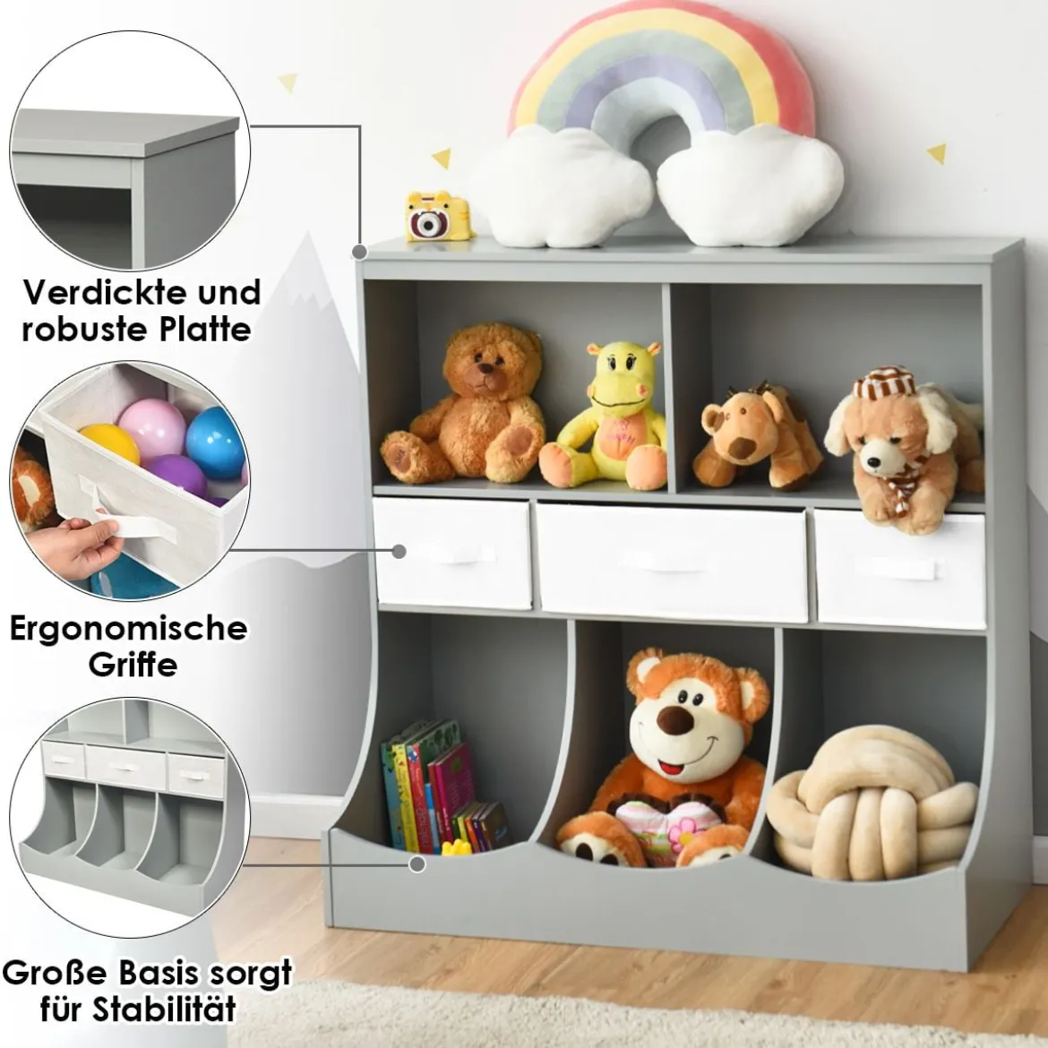 Spielzeugregal mit 5 Fächern & 3 Schubladen Kinderregal Spielzeug Organizer 93 x 40 x 94 cm Grau