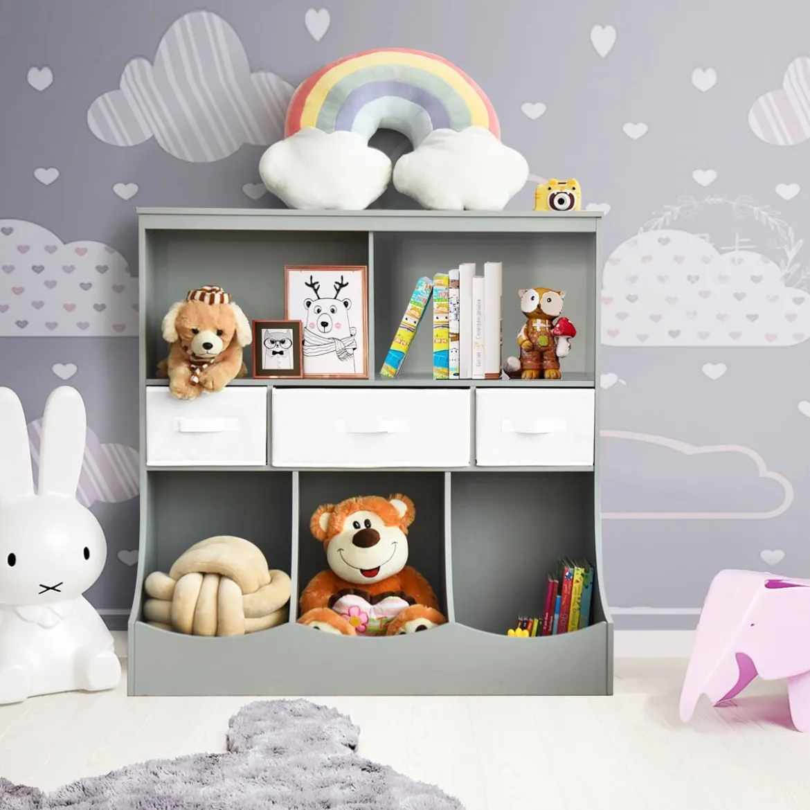 Spielzeugregal mit 5 Fächern & 3 Schubladen Kinderregal Spielzeug Organizer 93 x 40 x 94 cm Grau
