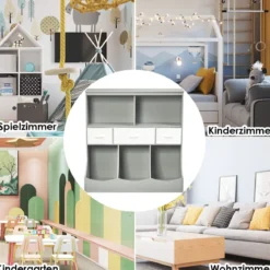 Spielzeugregal mit 5 Fächern & 3 Schubladen Kinderregal Spielzeug Organizer 93 x 40 x 94 cm Grau