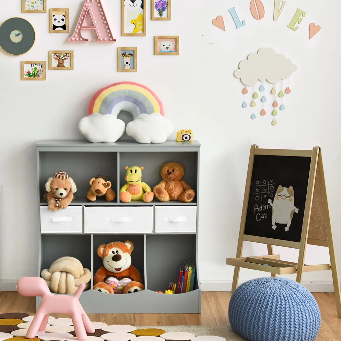 Spielzeugregal mit 5 Fächern & 3 Schubladen Kinderregal Spielzeug Organizer 93 x 40 x 94 cm Grau