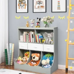 Spielzeugregal mit 5 Fächern & 3 Schubladen Kinderregal Spielzeug Organizer 93 x 40 x 94 cm Grau