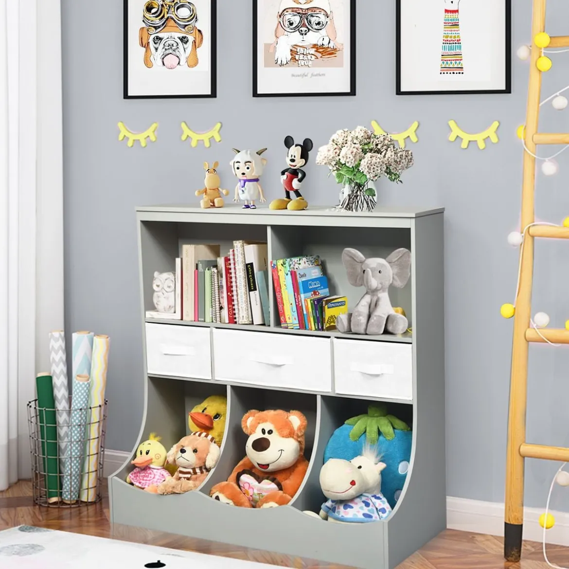 Spielzeugregal mit 5 Fächern & 3 Schubladen Kinderregal Spielzeug Organizer 93 x 40 x 94 cm Grau