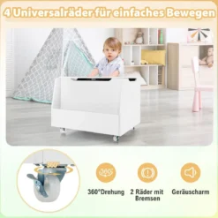 Spielzeugtruhe für Kinder Kindertruhe Holz mit Bücherregal & Deckel 60 x 48 x 46,5 cm Weiß