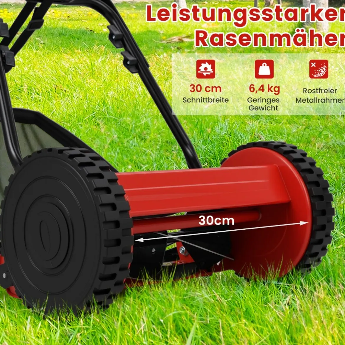 Spindelmäher handgeführter Rasenmäher mit 30 cm Schnittbreite 18,5 Liter Fangkorb Rot