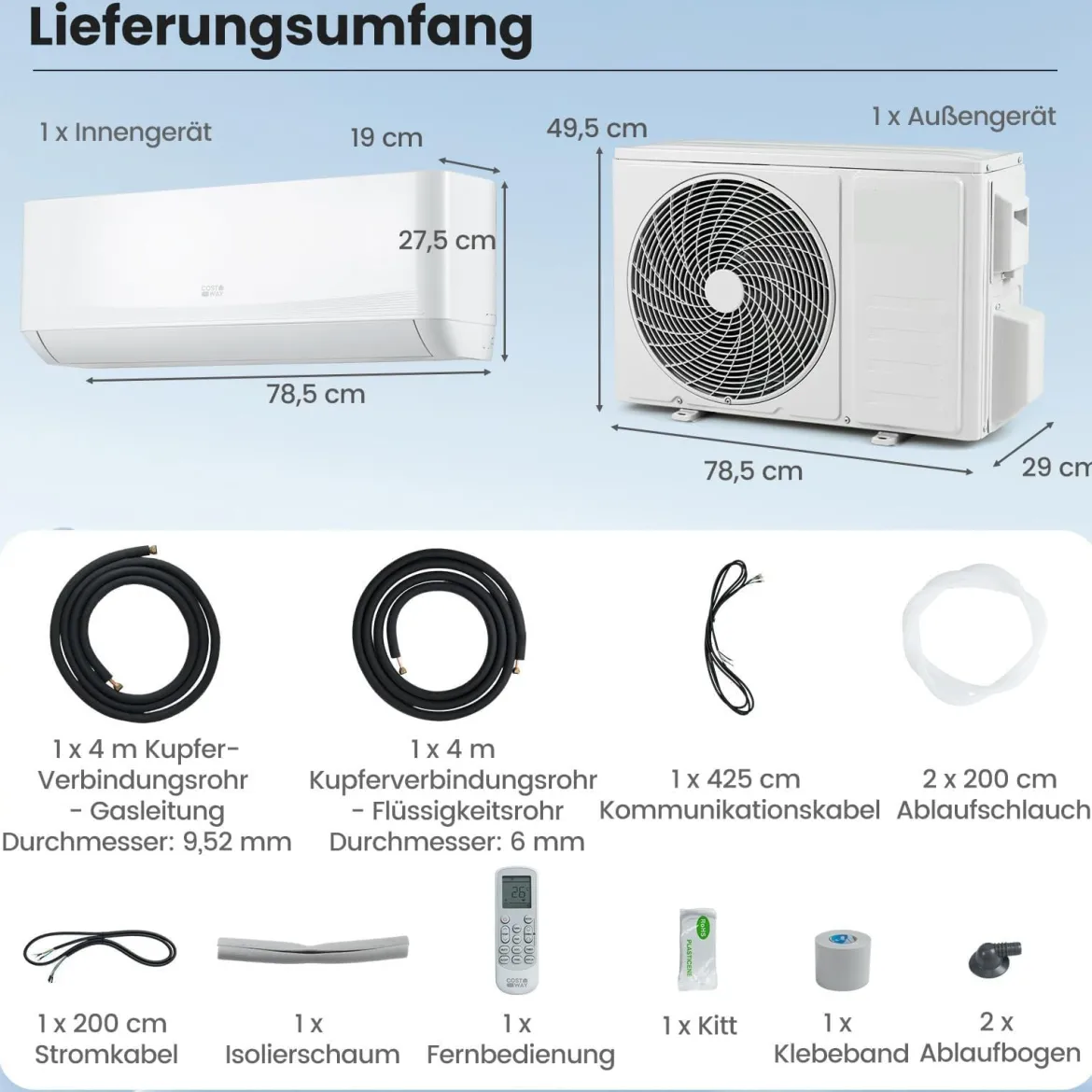 Split Klimaanlage 12000BTU Klimageräte mit Heizfunktion Kältemittel R32 Inkl. Montagematerial