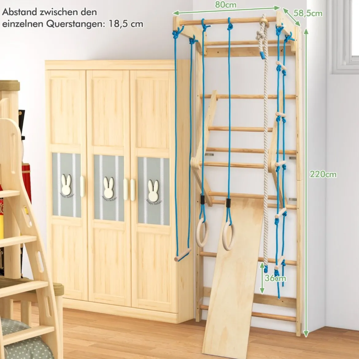 Sprossenwand Turnwand Kletterwand 100KG inkl. Montagematerial Holz 80 x 58,5 x 220 cm