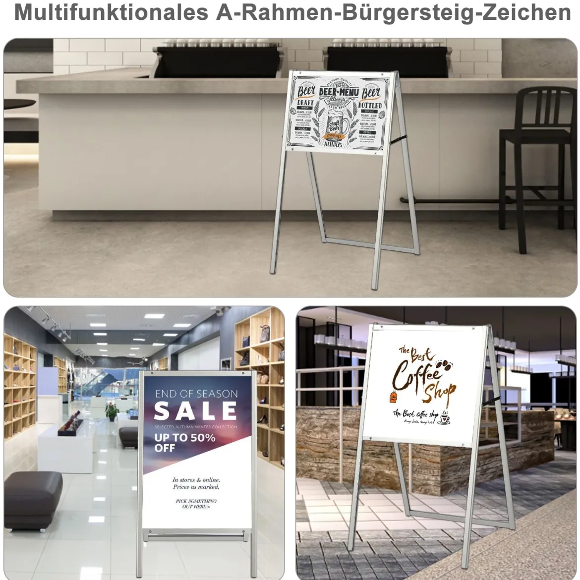 Stabiler doppelseitiger Schildständer mit A-förmigem Rahmen Plakatständer für 60 x 90 cm Poster Silber