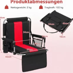 Stadionsitz mit Rückenlehne Klappbarer Tribünenstuhl mit Aufbewahrungstasche & Getränkehalter Grau/Rot