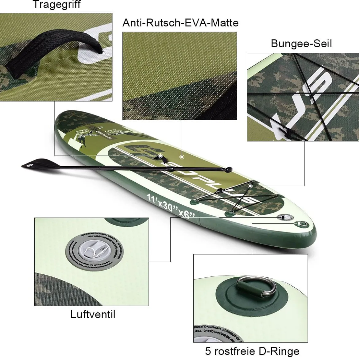 Stand Up Board Set Aufblasbares Paddelbrett Surfboard Grün 335 x 76 x 15 cm