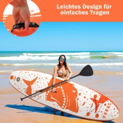 Stand Up Paddle Board Paddelbrett mit Tragetasche 320 x 76 x 15 cm Hai-Muster Orange + Weiß