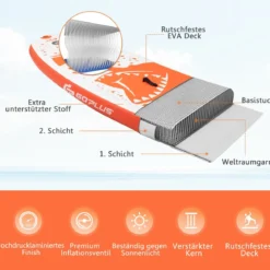 Stand Up Paddle Board Paddelbrett mit Tragetasche 320 x 76 x 15 cm Hai-Muster Orange + Weiß