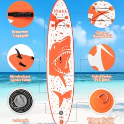 Stand Up Paddle Board Paddelbrett mit Tragetasche 320 x 76 x 15 cm Hai-Muster Orange + Weiß
