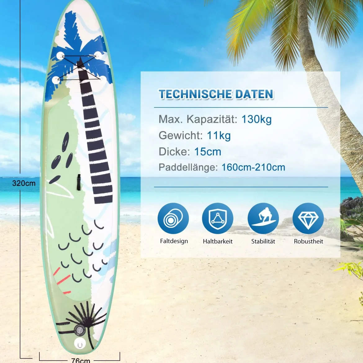 Stand Up Surfbrett Aufblasbares Surfbrett Paddle Board 320 x 76 x 15 cm Grün