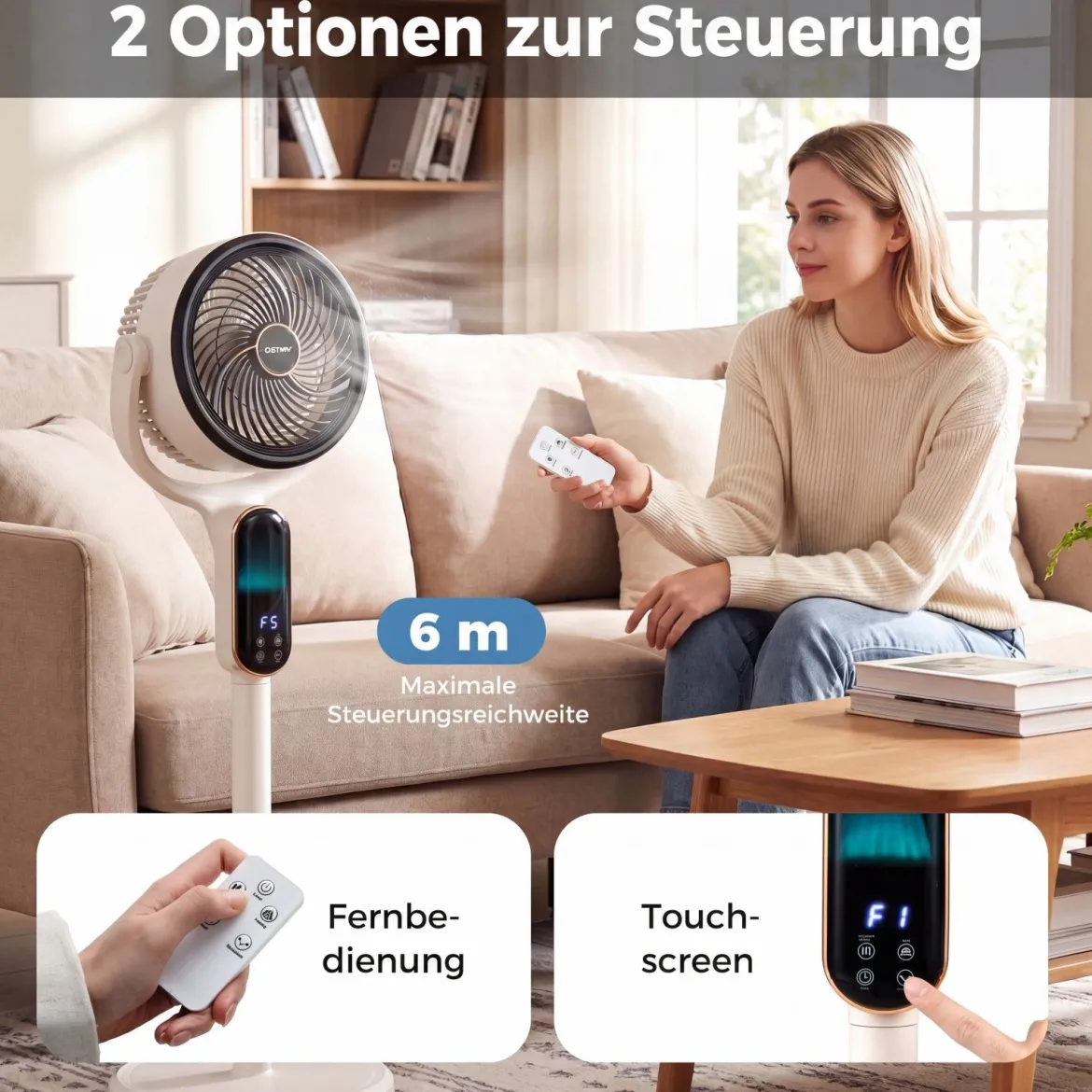 Standventilator 54-96 cm Höhenverstellbarer Ventilator mit 8 Stufen 12 Stunden Timer Weiß