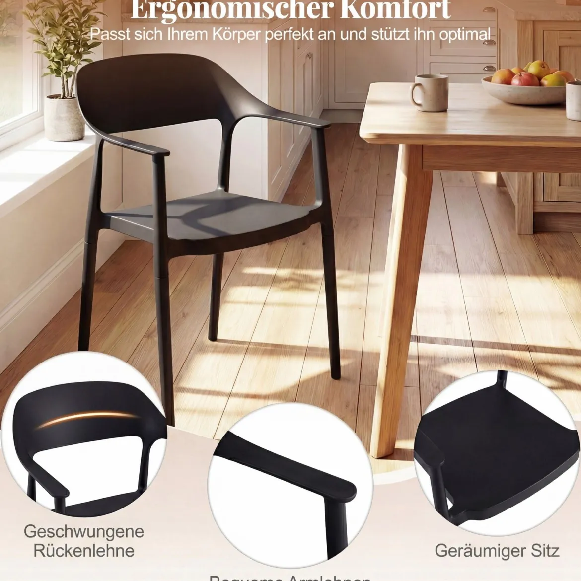 Stapelbare Esszimmerstühle bis 150 kg Belastbar Küchenstuhl aus Kunststoff Stapelstühle Schwarz