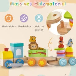 Stapelbares Zug-Set aus Holz mit bunten Tierfiguren & lustigen Holzwaggons für Jungen & Mädchen ab 3 Jahren