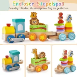 Stapelbares Zug-Set aus Holz mit bunten Tierfiguren & lustigen Holzwaggons für Jungen & Mädchen ab 3 Jahren