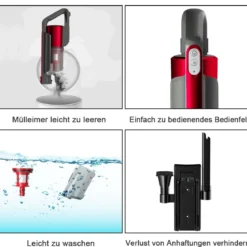 Staubsauger kabellos ultraleicht 6-in-1 Handstaubsauger hohe Saugkraft mit Lithium-Akku Rot