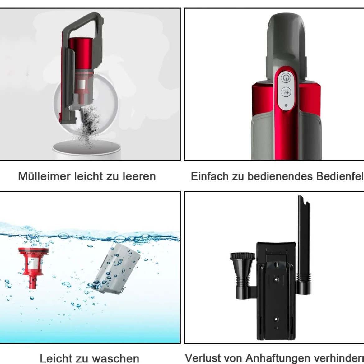Staubsauger kabellos ultraleicht 6-in-1 Handstaubsauger hohe Saugkraft mit Lithium-Akku Rot
