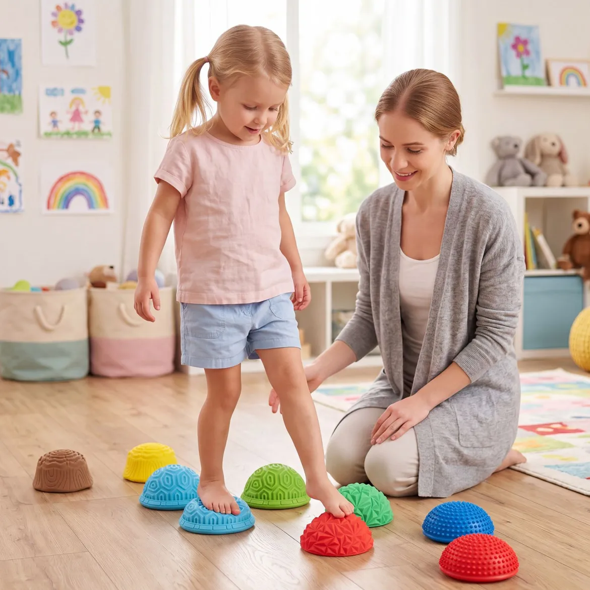 8 Stück Balanciersteine Halbrund Yoga-Bälle aus PVC mit Rutschfester Oberfläche für Kinder ab 3 Jahren Bunt