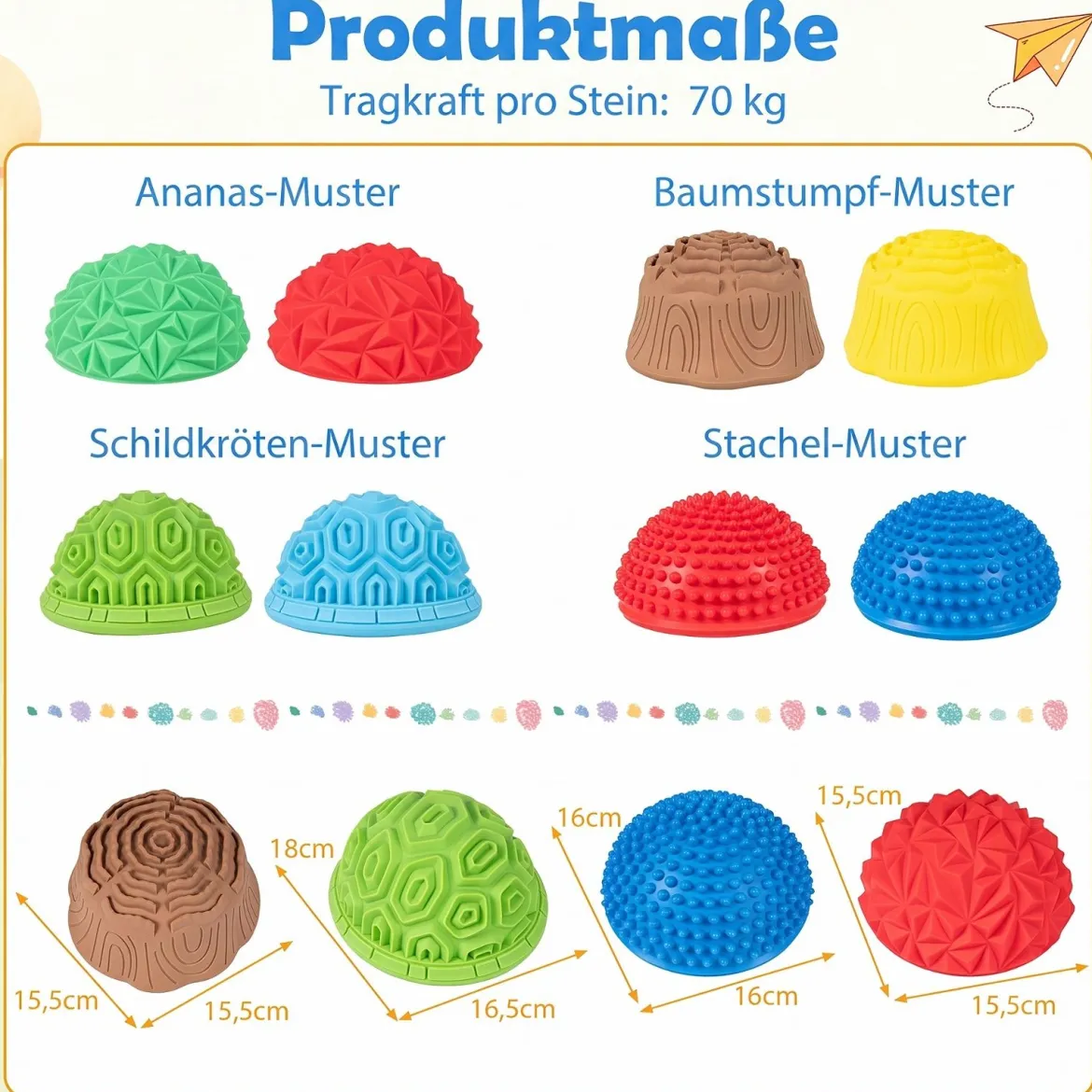 8 Stück Balanciersteine Halbrund Yoga-Bälle aus PVC mit Rutschfester Oberfläche für Kinder ab 3 Jahren Bunt