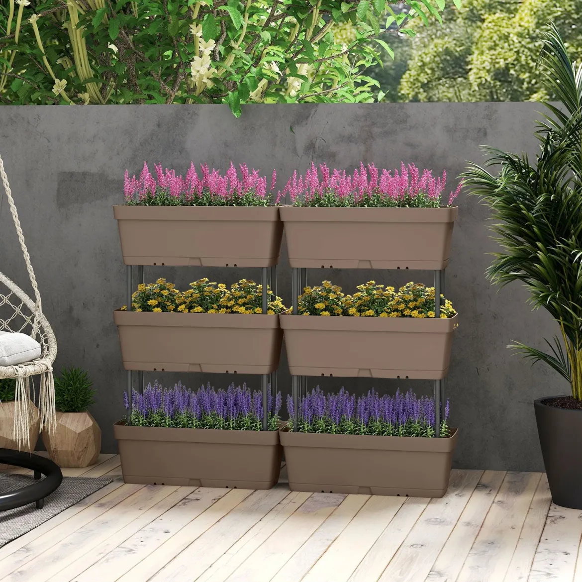 6 Stück Blumenkästen DIY-Design 49 cm lang Pflanzkästen mit Drainagesystem Blumentöpfe aus Kunststoff Grau