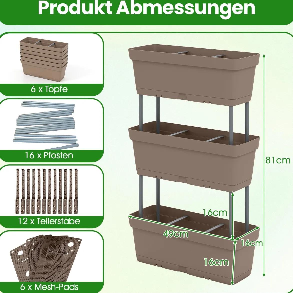 6 Stück Blumenkästen DIY-Design 49 cm lang Pflanzkästen mit Drainagesystem Blumentöpfe aus Kunststoff Grau