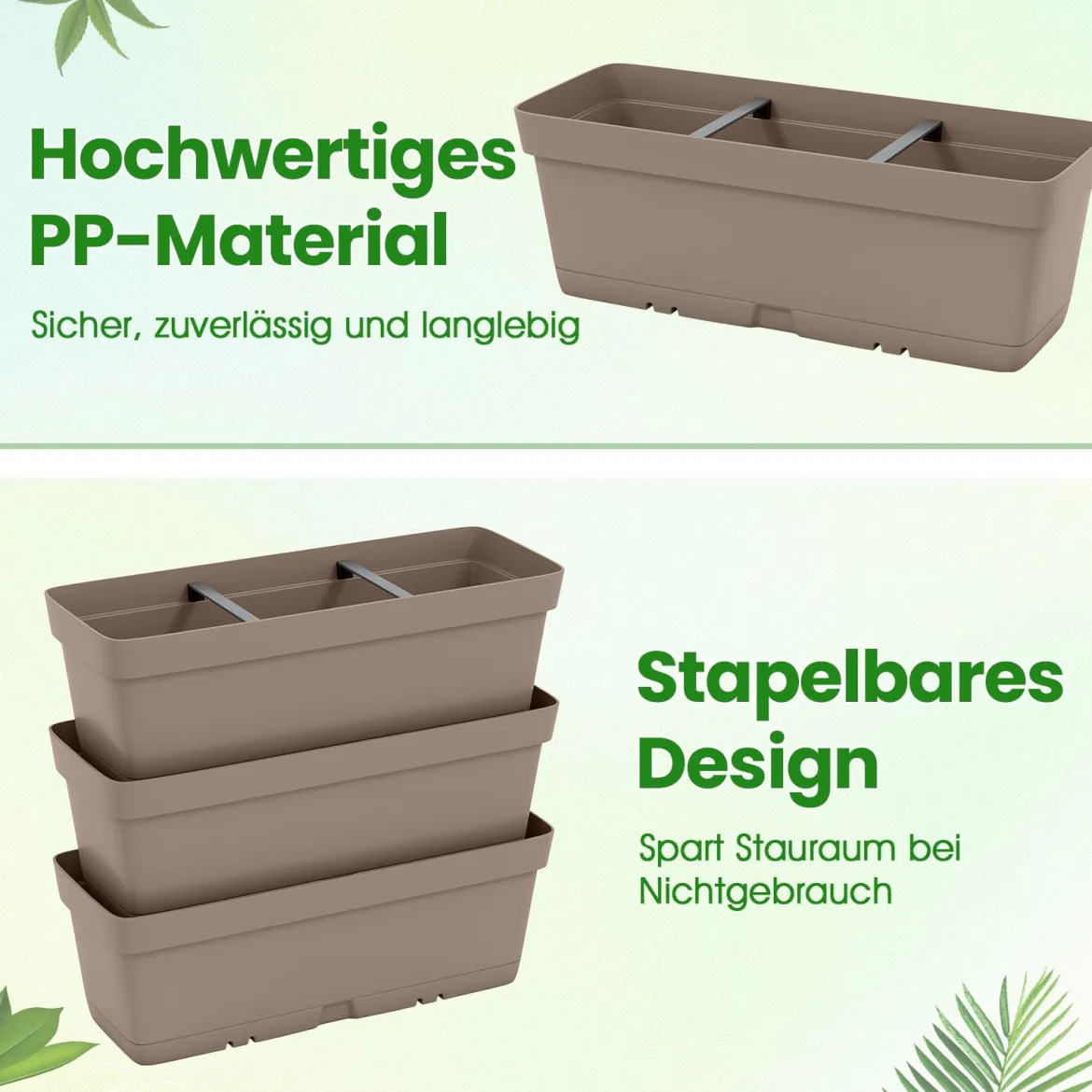 6 Stück Blumenkästen DIY-Design 49 cm lang Pflanzkästen mit Drainagesystem Blumentöpfe aus Kunststoff Grau