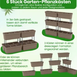 6 Stück Blumenkästen DIY-Design 49 cm lang Pflanzkästen mit Drainagesystem Blumentöpfe aus Kunststoff Grau