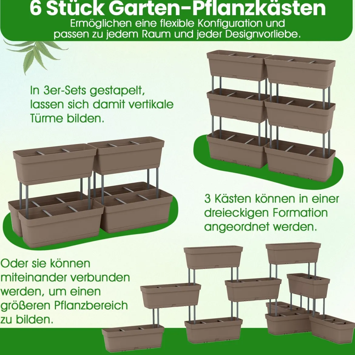 6 Stück Blumenkästen DIY-Design 49 cm lang Pflanzkästen mit Drainagesystem Blumentöpfe aus Kunststoff Grau