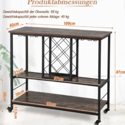 3-stöckige Hausbar Industrieller Servierwagen mit Weinregal 100 x 40 x 87 cm Braun + Schwarz