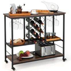 3-stöckige Hausbar Industrieller Servierwagen mit Weinregal 100 x 40 x 87 cm Braun + Schwarz