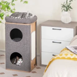 3-stöckige Katzenhöhle mit Kratzbrett & 3 Matten Spieltonne für Katzen bis 20 kg Grau + Natur