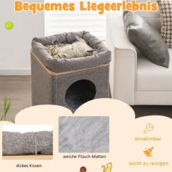 3-stöckige Katzenhöhle mit Kratzbrett & 3 Matten Spieltonne für Katzen bis 20 kg Grau + Natur