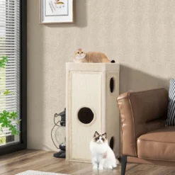 4-stöckige Kratztonne mit 3 Katzenhöhlen & Kissen Kratzbaum für Katzen bis 25 kg Spieltonne Natur