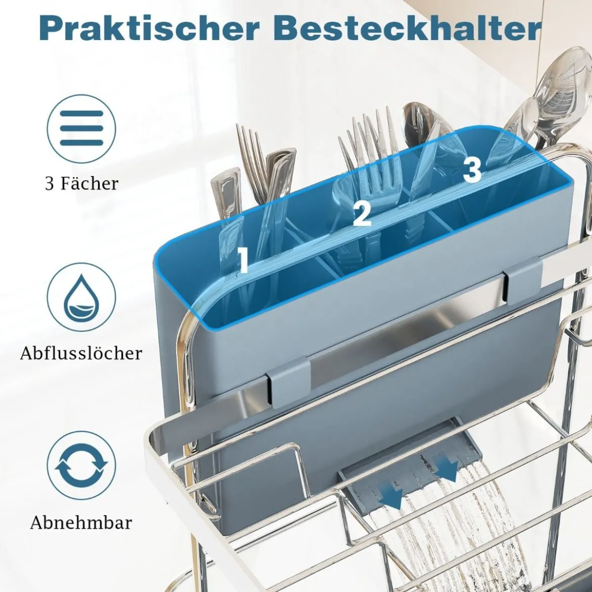 2-stöckiger Abtropfgestell Abtropfständer aus Metall mit Haltern für Gläser Teller Schüsseln Tassen Silber