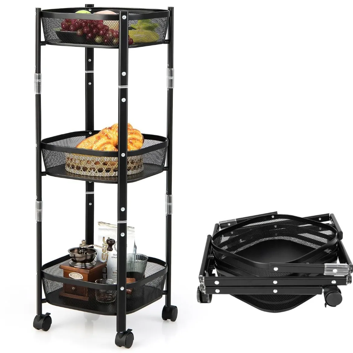 3-Stöckiger Allzweck-Rollwagen Obst- oder Gemüsekorbständer 37,5 x 37,5 x 87 cm Schwarz