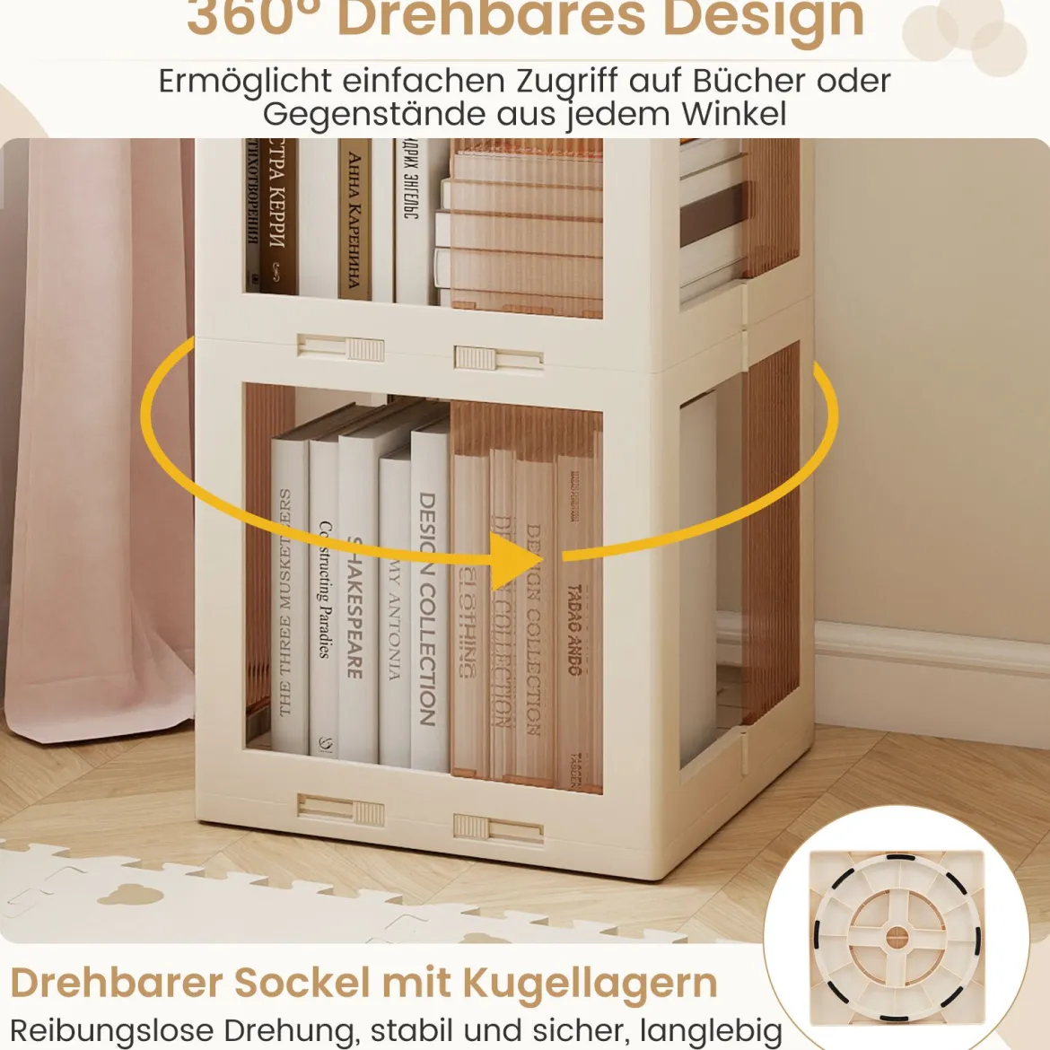 3-stöckiger Bücherregal 360° drehbares Standregal mit rutschfesten Fußpolster klappbares Aufbewahrungsregal Weiß