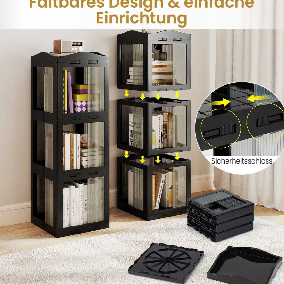 3-stöckiger Bücherregal 360° drehbares Standregal mit rutschfesten Fußpolster klappbares Aufbewahrungsregal Schwarz