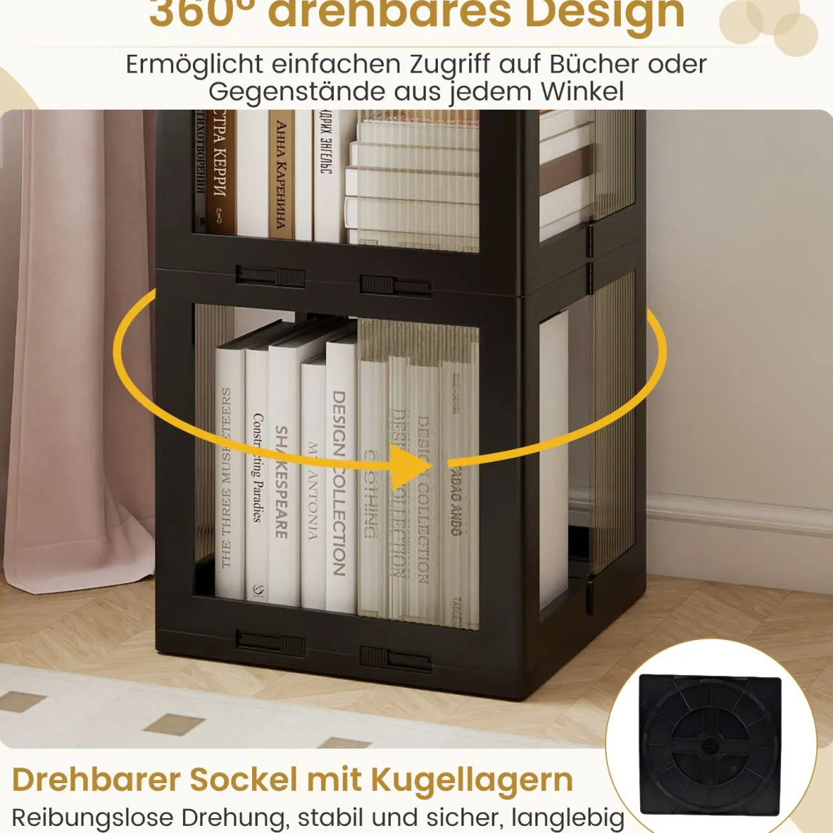 3-stöckiger Bücherregal 360° drehbares Standregal mit rutschfesten Fußpolster klappbares Aufbewahrungsregal Schwarz