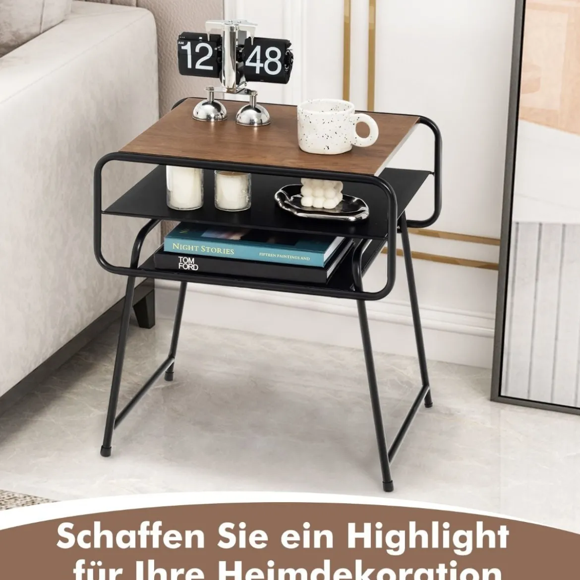 3-stöckiger Beistelltisch mit Aufbewahrungsregal Industrieller Tisch 50 x 40 x 55 cm Natur + Schwarz