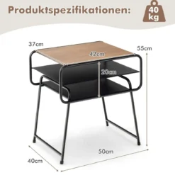 3-stöckiger Beistelltisch mit Aufbewahrungsregal Industrieller Tisch 50 x 40 x 55 cm Natur + Schwarz